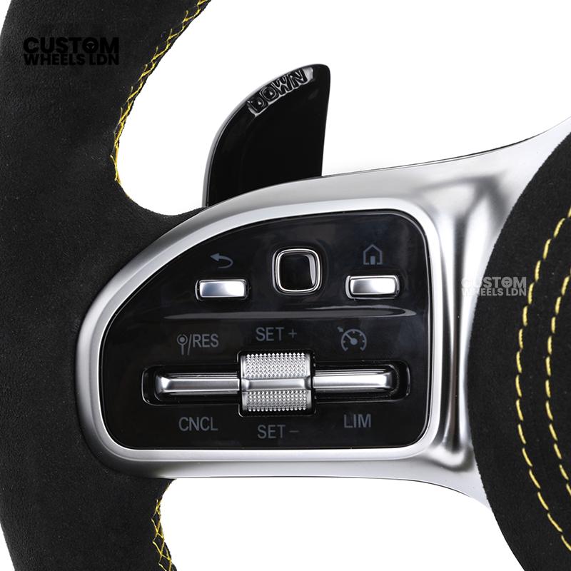Mercedes Custom AMG Flat Bottom Steering Wheel – Alcantara & Carbon Fibre, Yellow Stitching, LED Display, Silver Trim, Touch Control Buttons, AMG Badge | Fits C-Class, E-Class, CLS, GLC, GLE, G-Class + more | Plug & Play | Retrofit Upgrade for Older Model
