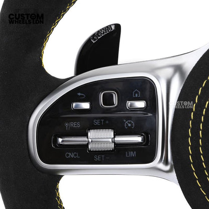 Mercedes Custom AMG Flat Bottom Steering Wheel – Alcantara & Carbon Fibre, Yellow Stitching, LED Display, Silver Trim, Touch Control Buttons, AMG Badge | Fits C-Class, E-Class, CLS, GLC, GLE, G-Class + more | Plug & Play | Retrofit Upgrade for Older Model