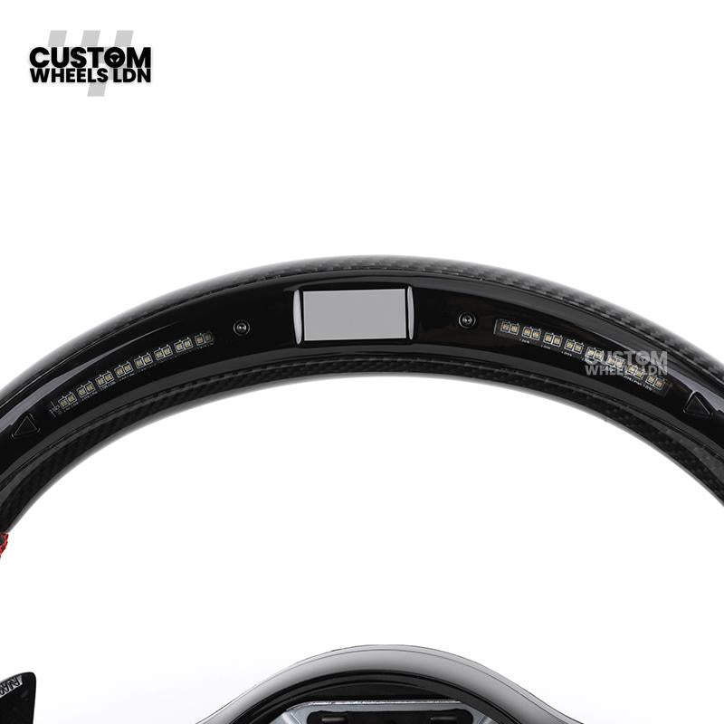 Mercedes Custom AMG Flat Bottom Steering Wheel – Perforated Leather & Gloss Carbon Fibre, LED Display, Red Stitching, Piano Black Trim, Touch Control Buttons, AMG Badge | Fits C-Class, E-Class, CLS, GLC, GLE, G-Class + more | Plug & Play | Retrofit Upgrad