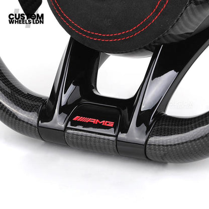 Mercedes Custom AMG Flat Bottom Steering Wheel – Alcantara & Carbon Fibre, Red Stitching, LED Display, Black Trim, Touch Buttons, AMG Badge | Fits C-Class, E-Class, CLS, GLC, GLE, G-Class + more | Plug & Play | Retrofit Upgrade for Older Model available