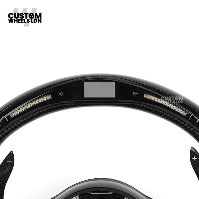 Mercedes Custom AMG Flat Bottom Steering Wheel – Perforated Leather & Gloss Carbon Fibre, LED Display, Red Stitching, Piano Black Trim, Carbon Paddles, Touch Control Buttons | Fits C-Class, E-Class, GLC, GLE, CLS, G-Class + more | Plug & Play | Retrofit U