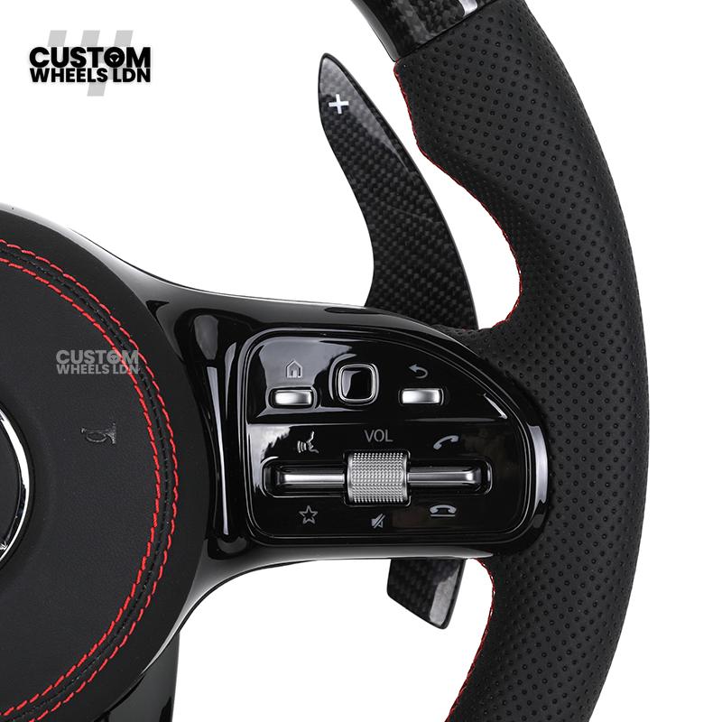 Mercedes Custom AMG Flat Bottom Steering Wheel – Perforated Leather & Gloss Carbon Fibre, LED Display, Red Stitching, Piano Black Trim, Carbon Paddles, Touch Control Buttons | Fits C-Class, E-Class, GLC, GLE, CLS, G-Class + more | Plug & Play | Retrofit U
