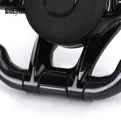 Mercedes Custom AMG Flat Bottom Steering Wheel – Perforated Leather & Gloss Carbon Fibre, LED Display, Piano Black Trim, Touch Control Buttons | Fits C-Class, E-Class, CLS, GLC, GLE, G-Class + more | Plug & Play | Retrofit Upgrade for Older Models