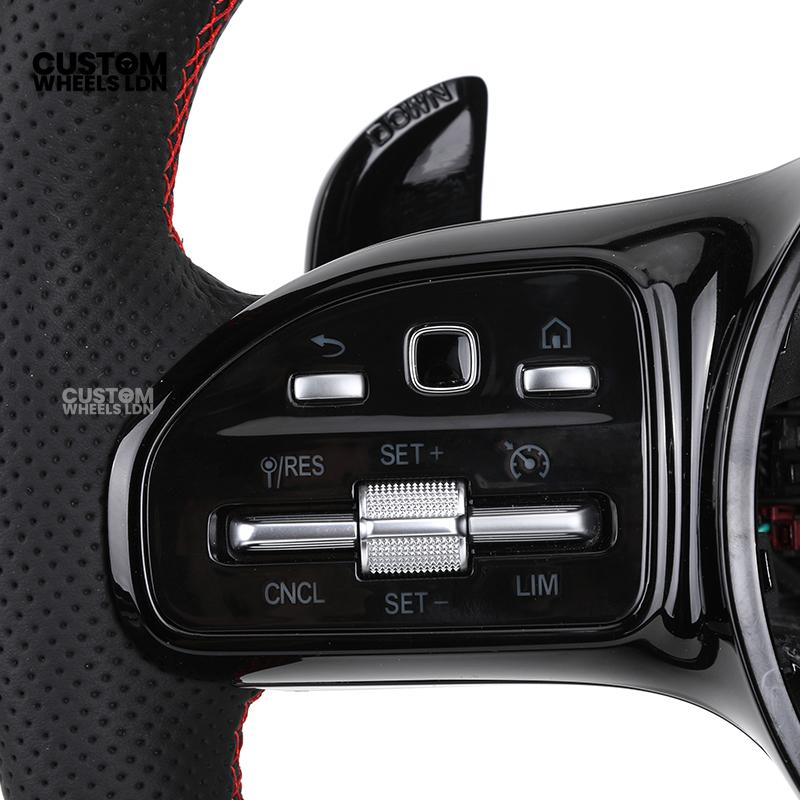 Mercedes Custom AMG Flat Bottom Steering Wheel – Perforated Leather & Gloss Carbon Fibre, LED Display, Red Stitching, Piano Black Trim, Touch Control Buttons, AMG Badge | Fits C-Class, E-Class, CLS, GLC, GLE, G-Class + more | Plug & Play | Retrofit Upgrad