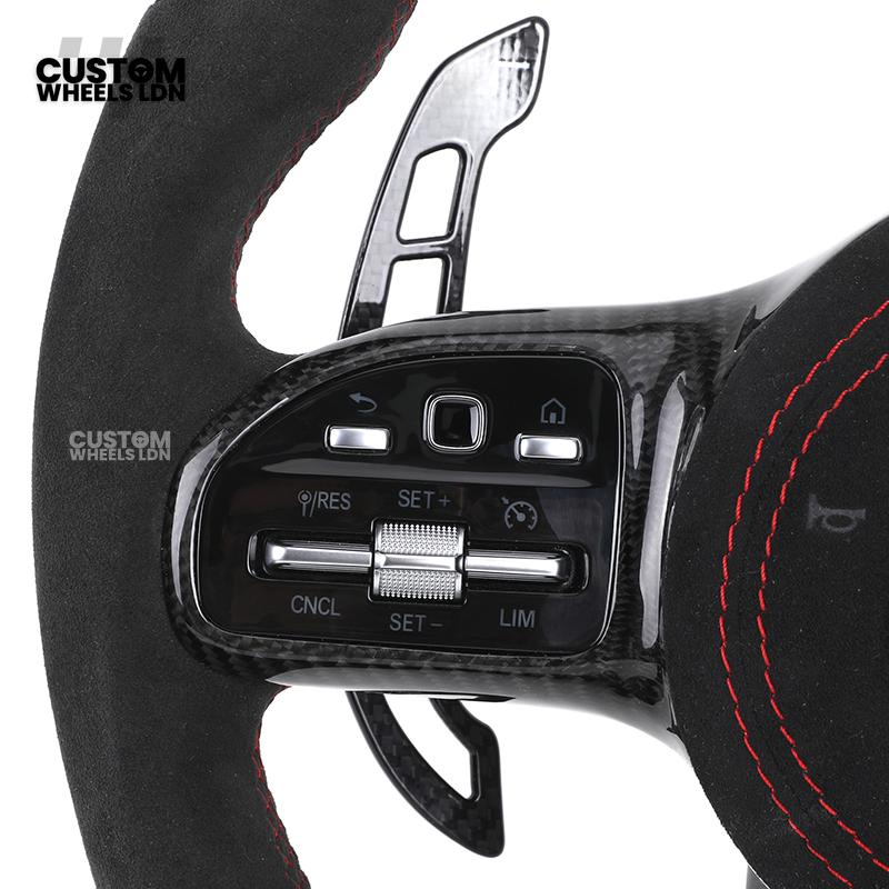 Mercedes Custom AMG Flat Bottom Steering Wheel – Alcantara & Carbon Fibre, Red Stitching, LED Display, Touch Control Buttons, AMG Badge | Fits C-Class, E-Class, CLS, GLC, GLE, G-Class + more | Plug & Play | Retrofit Upgrade for Older Models Available