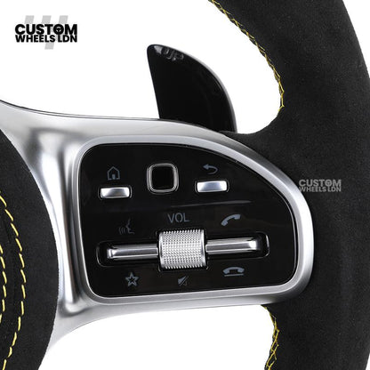 Mercedes Custom AMG Flat Bottom Steering Wheel – Alcantara & Carbon Fibre, Yellow Stitching, LED Display, Silver Trim, Touch Control Buttons, AMG Badge | Fits C-Class, E-Class, CLS, GLC, GLE, G-Class + more | Plug & Play | Retrofit Upgrade for Older Model