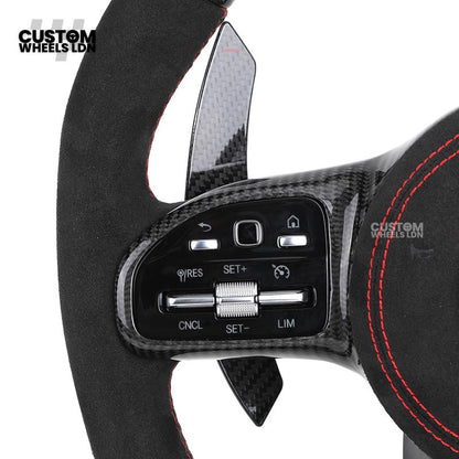Mercedes Custom AMG Flat Bottom Steering Wheel – Alcantara & Carbon Fibre, Red Stitching, LED Display, Black Trim, Touch Buttons, AMG Badge | Fits C-Class, E-Class, CLS, GLC, GLE, G-Class + more | Plug & Play | Retrofit Upgrade for Older Model available