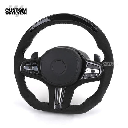 BMW Custom LED Alcantara Flat Bottom Steering Wheel – Carbon Trim – Fits F20 F22 F30 F32 F36 F80 F82 F87 F10 F12 F13 + more