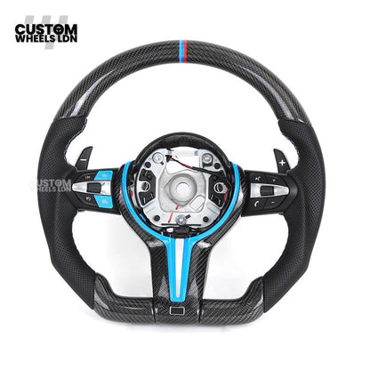 BMW Custom Carbon Fibre Steering Wheel – Blue Trim | Perforated Leather | M-Stripe Marker | Plug & Play | Fits 1 Series F20, 2 Series F22, 3 Series F30, 4 Series F32, M2, M3, M4 + more