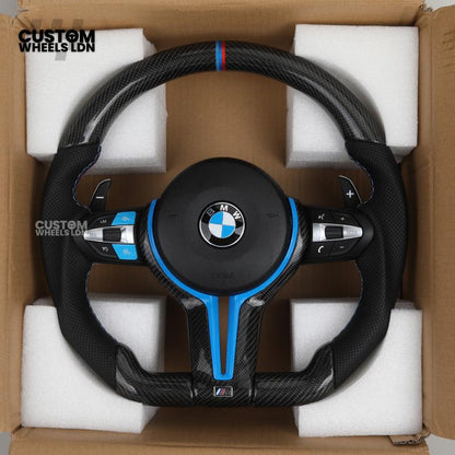 BMW Custom Carbon Fibre Steering Wheel – Blue Trim | Perforated Leather | M-Stripe Marker | Plug & Play | Fits 1 Series F20, 2 Series F22, 3 Series F30, 4 Series F32, M2, M3, M4 + more