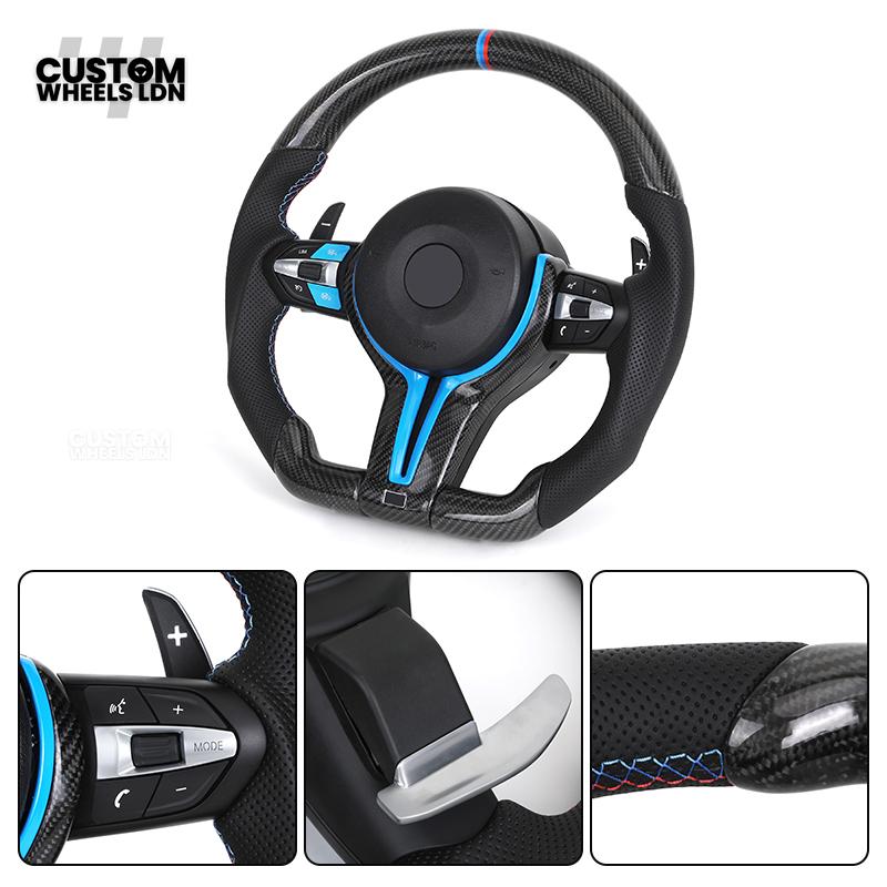 BMW Custom Carbon Fibre Steering Wheel – Blue Trim | Perforated Leather | M-Stripe Marker | Plug & Play | Fits 1 Series F20, 2 Series F22, 3 Series F30, 4 Series F32, M2, M3, M4 + more