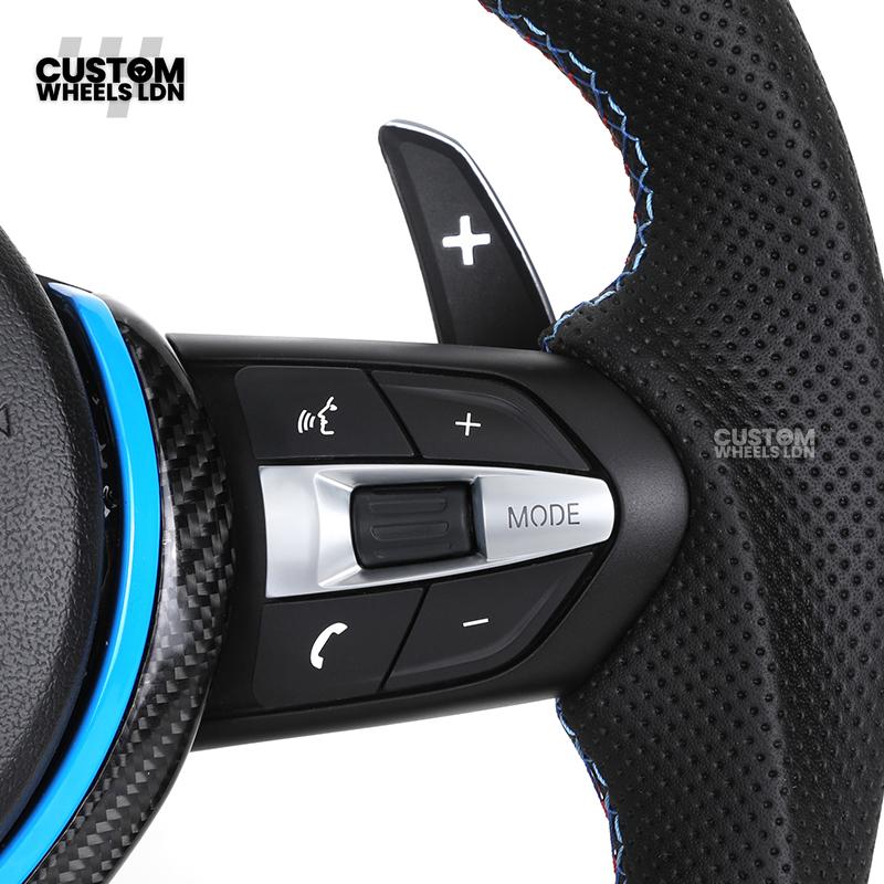 BMW Custom Carbon Fibre Steering Wheel – Blue Trim | Perforated Leather | M-Stripe Marker | Plug & Play | Fits 1 Series F20, 2 Series F22, 3 Series F30, 4 Series F32, M2, M3, M4 + more
