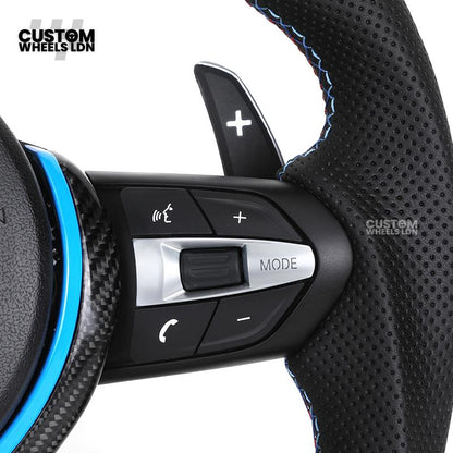 BMW Custom Carbon Fibre Steering Wheel – Blue Trim | Perforated Leather | M-Stripe Marker | Plug & Play | Fits 1 Series F20, 2 Series F22, 3 Series F30, 4 Series F32, M2, M3, M4 + more