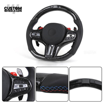 BMW Custom G Series Forged Carbon Steering Wheel with LED Display & Carbon Paddles – Flat Bottom – Fits G20 G21 G22 G23 G30 G31 G32 G14 G15 G16 G01 G02 + more