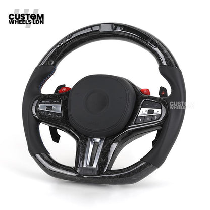 BMW Custom G Series Forged Carbon Steering Wheel with LED Display & Carbon Paddles – Flat Bottom – Fits G20 G21 G22 G23 G30 G31 G32 G14 G15 G16 G01 G02 + more