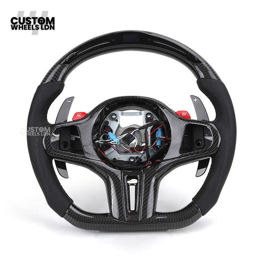 BMW Custom Carbon LED Heated Steering Wheel with Red M1/M2 Buttons – Flat Bottom – Fits F20 F22 F30 F32 F36 F80 F82 F87 F10 F12 F13 + more