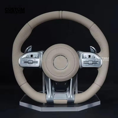 Mercedes Custom AMG Flat Bottom Steering Wheel – Cream Leather, Cream Stripe, Silver Trim, Touch Control Buttons, Silver Paddles | Fits C-Class, E-Class, CLS, GLC, GLE, G-Class + more | Plug & Play | Retrofit Upgrade for Older Models