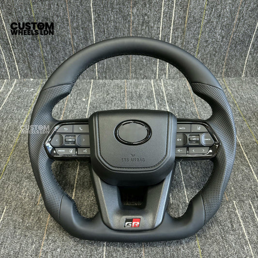 Toyota Custom GR Steering Wheel – Flat Bottom, Perforated Leather, Red Stitching, GR Badge | Fits Hilux GR Sport, Revo, Auris + More | Plug & Play | Complete Custom Spec Available | Upgrade for Older Models