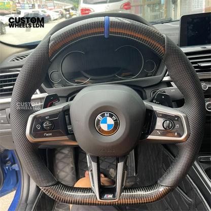 BMW Custom i5 G60 Flat Bottom Steering Wheel – Carbon Fiber, BMW M Stripe, Silver Trim, Perforated Leather Grips | Fits G20 3 Series, G22 4 Series, G30 5 Series + more | Plug & Play | Retrofit Upgrade for Older Models