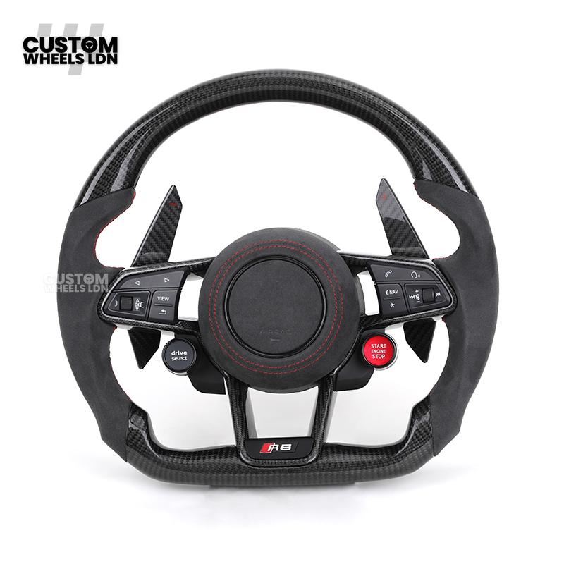 Audi Custom R8-Style Flat Bottom Steering Wheel – Alcantara Grip, Carbon Top & Bottom, Red Stitching, Carbon Paddles, Start Button | Fits A4, A5, S5, A6, A7, S6, S7, Q5, SQ5 + more | Plug & Play | With Airbag | Upgrade for Older Models Available