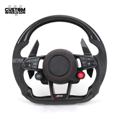 Audi Custom R8-Style Flat Bottom Steering Wheel – Alcantara Grip, Carbon Top & Bottom, Red Stitching, Carbon Paddles, Start Button | Fits A4, A5, S5, A6, A7, S6, S7, Q5, SQ5 + more | Plug & Play | With Airbag | Upgrade for Older Models Available