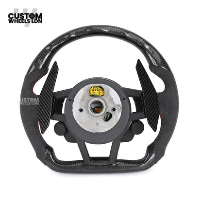 Audi Custom R8-Style Flat Bottom Steering Wheel – Alcantara Grip, Carbon Top & Bottom, Red Stitching, Carbon Paddles, Start Button | Fits A4, A5, S5, A6, A7, S6, S7, Q5, SQ5 + more | Plug & Play | With Airbag | Upgrade for Older Models Available