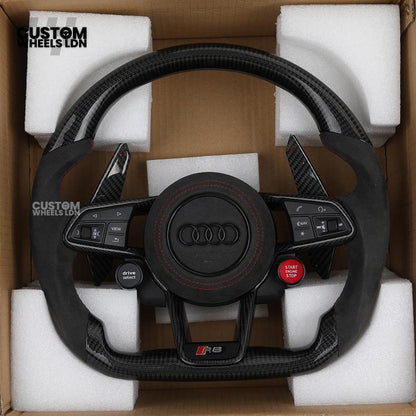 Audi Custom R8-Style Flat Bottom Steering Wheel – Alcantara Grip, Carbon Top & Bottom, Red Stitching, Carbon Paddles, Start Button | Fits A4, A5, S5, A6, A7, S6, S7, Q5, SQ5 + more | Plug & Play | With Airbag | Upgrade for Older Models Available