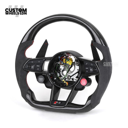 Audi Custom R8-Style Flat Bottom Steering Wheel – Alcantara Grip, Carbon Top & Bottom, Red Stitching, Carbon Paddles, Start Button | Fits A4, A5, S5, A6, A7, S6, S7, Q5, SQ5 + more | Plug & Play | With Airbag | Upgrade for Older Models Available