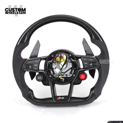 Audi Custom R8-Style Flat Bottom Steering Wheel – Alcantara Grip, Carbon Top & Bottom, Red Stitching, Carbon Paddles, Start Button | Fits A4, A5, S5, A6, A7, S6, S7, Q5, SQ5 + more | Plug & Play | With Airbag | Upgrade for Older Models Available