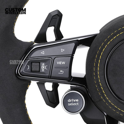 Audi Custom R8-Style Flat Bottom Steering Wheel – LED Rev Display, Alcantara Grip, Yellow Stitching, Black Paddles, Start Button | Fits A4, A5, S5, A6, A7, S6, S7, Q5, SQ5 + more | Plug & Play | With Airbag | Upgrade for Older Models Available