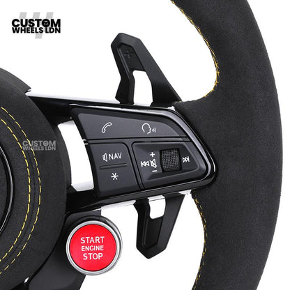 Audi Custom R8-Style Flat Bottom Steering Wheel – LED Rev Display, Alcantara Grip, Yellow Stitching, Black Paddles, Start Button | Fits A4, A5, S5, A6, A7, S6, S7, Q5, SQ5 + more | Plug & Play | With Airbag | Upgrade for Older Models Available