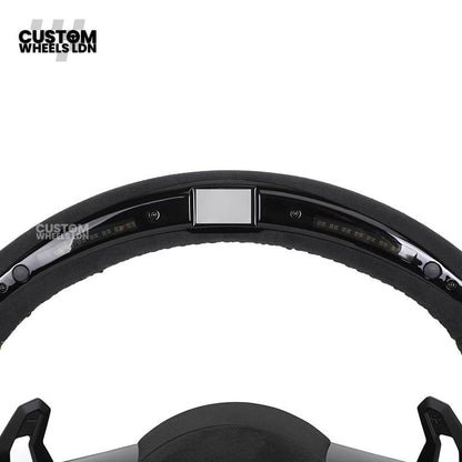 Audi Custom R8-Style Flat Bottom Steering Wheel – LED Rev Display, Alcantara Grip, Yellow Stitching, Black Paddles, Start Button | Fits A4, A5, S5, A6, A7, S6, S7, Q5, SQ5 + more | Plug & Play | With Airbag | Upgrade for Older Models Available