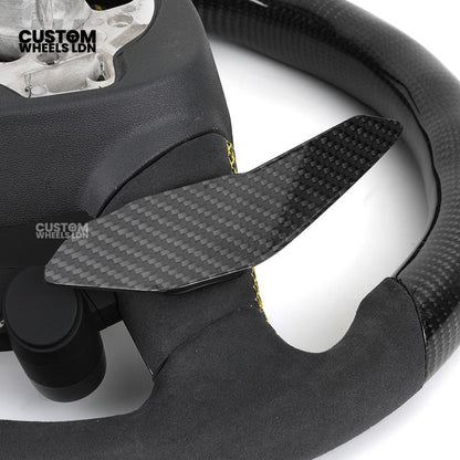 Audi Custom Q/RS Flat Bottom Steering Wheel – LED Rev Display, Alcantara Grip, Yellow Stitching, Carbon Paddles, Start Button | Fits Q3, Q5, SQ5, Q7, Q8, SQ8, RSQ8, A6, A7, S6, S7 + more | Plug & Play | With Airbag | Upgrade for Older Models Available