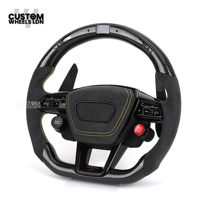 Audi Custom Q/RS Flat Bottom Steering Wheel – LED Rev Display, Alcantara Grip, Yellow Stitching, Carbon Paddles, Start Button | Fits Q3, Q5, SQ5, Q7, Q8, SQ8, RSQ8, A6, A7, S6, S7 + more | Plug & Play | With Airbag | Upgrade for Older Models Available