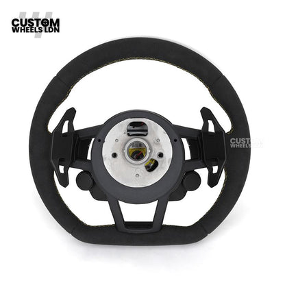 Audi Custom R8-Style Flat Bottom Steering Wheel – LED Rev Display, Alcantara Grip, Yellow Stitching, Black Paddles, Start Button | Fits A4, A5, S5, A6, A7, S6, S7, Q5, SQ5 + more | Plug & Play | With Airbag | Upgrade for Older Models Available