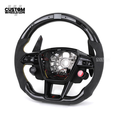 Audi Custom Q/RS Flat Bottom Steering Wheel – LED Rev Display, Alcantara Grip, Yellow Stitching, Carbon Paddles, Start Button | Fits Q3, Q5, SQ5, Q7, Q8, SQ8, RSQ8, A6, A7, S6, S7 + more | Plug & Play | With Airbag | Upgrade for Older Models Available