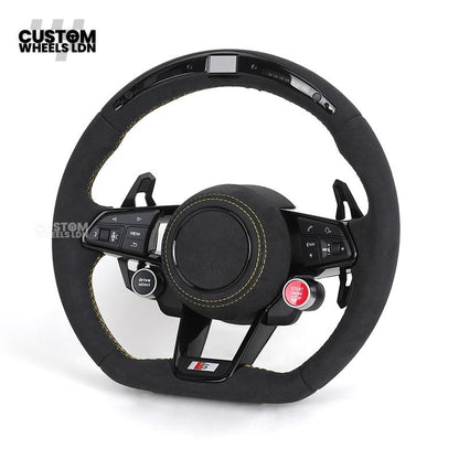 Audi Custom R8-Style Flat Bottom Steering Wheel – LED Rev Display, Alcantara Grip, Yellow Stitching, Black Paddles, Start Button | Fits A4, A5, S5, A6, A7, S6, S7, Q5, SQ5 + more | Plug & Play | With Airbag | Upgrade for Older Models Available