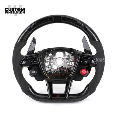 Audi Custom Q/RS Flat Bottom Steering Wheel – LED Rev Display, Alcantara Grip, Yellow Stitching, Carbon Paddles, Start Button | Fits Q3, Q5, SQ5, Q7, Q8, SQ8, RSQ8, A6, A7, S6, S7 + more | Plug & Play | With Airbag | Upgrade for Older Models Available