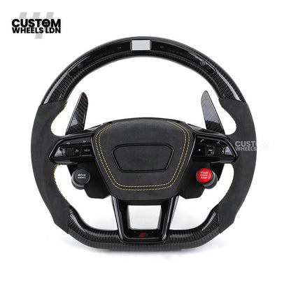 Audi Custom Q/RS Flat Bottom Steering Wheel – LED Rev Display, Alcantara Grip, Yellow Stitching, Carbon Paddles, Start Button | Fits Q3, Q5, SQ5, Q7, Q8, SQ8, RSQ8, A6, A7, S6, S7 + more | Plug & Play | With Airbag | Upgrade for Older Models Available