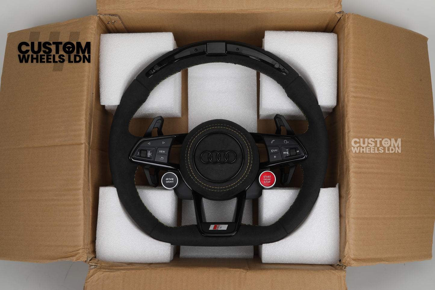 Audi Custom R8-Style Flat Bottom Steering Wheel – LED Rev Display, Alcantara Grip, Yellow Stitching, Black Paddles, Start Button | Fits A4, A5, S5, A6, A7, S6, S7, Q5, SQ5 + more | Plug & Play | With Airbag | Upgrade for Older Models Available