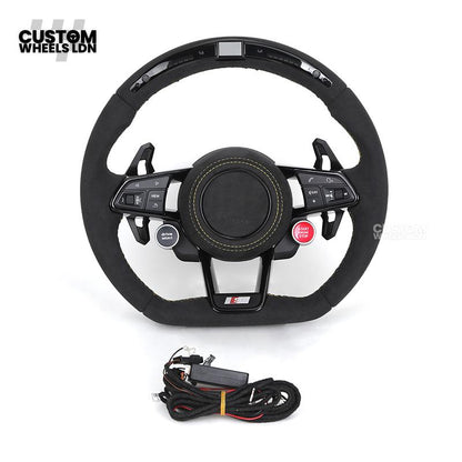 Audi Custom R8-Style Flat Bottom Steering Wheel – LED Rev Display, Alcantara Grip, Yellow Stitching, Black Paddles, Start Button | Fits A4, A5, S5, A6, A7, S6, S7, Q5, SQ5 + more | Plug & Play | With Airbag | Upgrade for Older Models Available