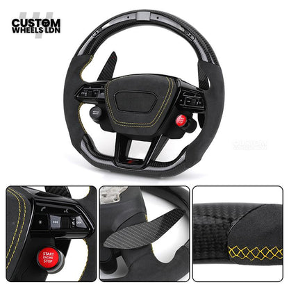 Audi Custom Q/RS Flat Bottom Steering Wheel – LED Rev Display, Alcantara Grip, Yellow Stitching, Carbon Paddles, Start Button | Fits Q3, Q5, SQ5, Q7, Q8, SQ8, RSQ8, A6, A7, S6, S7 + more | Plug & Play | With Airbag | Upgrade for Older Models Available