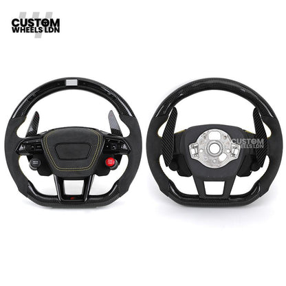 Audi Custom Q/RS Flat Bottom Steering Wheel – LED Rev Display, Alcantara Grip, Yellow Stitching, Carbon Paddles, Start Button | Fits Q3, Q5, SQ5, Q7, Q8, SQ8, RSQ8, A6, A7, S6, S7 + more | Plug & Play | With Airbag | Upgrade for Older Models Available