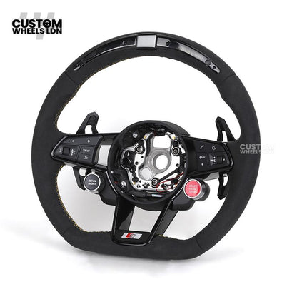 Audi Custom R8-Style Flat Bottom Steering Wheel – LED Rev Display, Alcantara Grip, Yellow Stitching, Black Paddles, Start Button | Fits A4, A5, S5, A6, A7, S6, S7, Q5, SQ5 + more | Plug & Play | With Airbag | Upgrade for Older Models Available