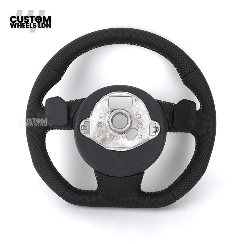 Audi Custom 8V Flat Bottom Steering Wheel – Perforated Leather, Black Stitching, Silver Paddles, RS Badge | Fits A3, S3, RS3 8V, A1, Q2, TT + more | Plug & Play | With Airbag | Upgrade for Older Models Available