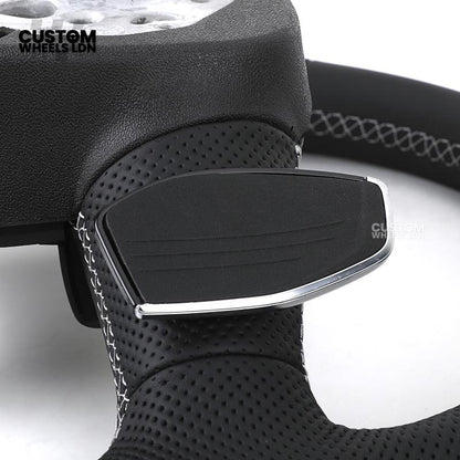 Audi Custom Q/RS Flat Bottom Steering Wheel – Black Leather, White Stitching, Perforated Grips, Silver Paddles | Fits Q3, Q5, SQ5, Q7, Q8, SQ8, RSQ8, A6, A7, S6, S7 + more | Plug & Play | With Airbag | Upgrade for Older Models Available