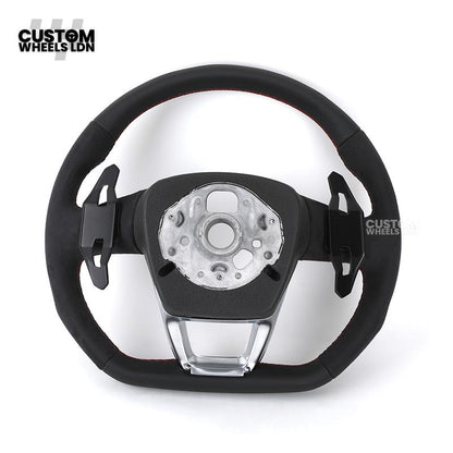 Audi Custom Q/RS Flat Bottom Steering Wheel – Alcantara Grip, Red Stitching, Black Paddles, Silver Trim | Fits Q3, Q5, SQ5, Q7, Q8, A6, A7, S6, S7 + more | Plug & Play | With Airbag | Upgrade for Older Models Available