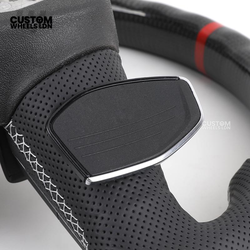 Audi Custom Q/RS Flat Bottom Steering Wheel – Carbon Top & Bottom, Red Centre Stripe, Perforated Leather, Silver Paddles | Fits Q3, Q5, SQ5, Q7, Q8, SQ8, RSQ8, A6, A7, S6, S7 + more | Plug & Play | With Airbag | Upgrade for Older Models Available