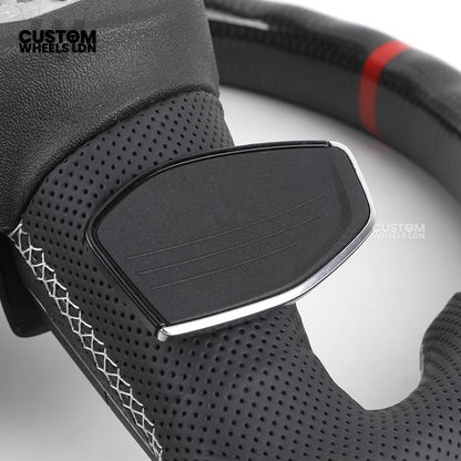 Audi Custom Q/RS Flat Bottom Steering Wheel – Carbon Top & Bottom, Red Centre Stripe, Perforated Leather, Silver Paddles | Fits Q3, Q5, SQ5, Q7, Q8, SQ8, RSQ8, A6, A7, S6, S7 + more | Plug & Play | With Airbag | Upgrade for Older Models Available
