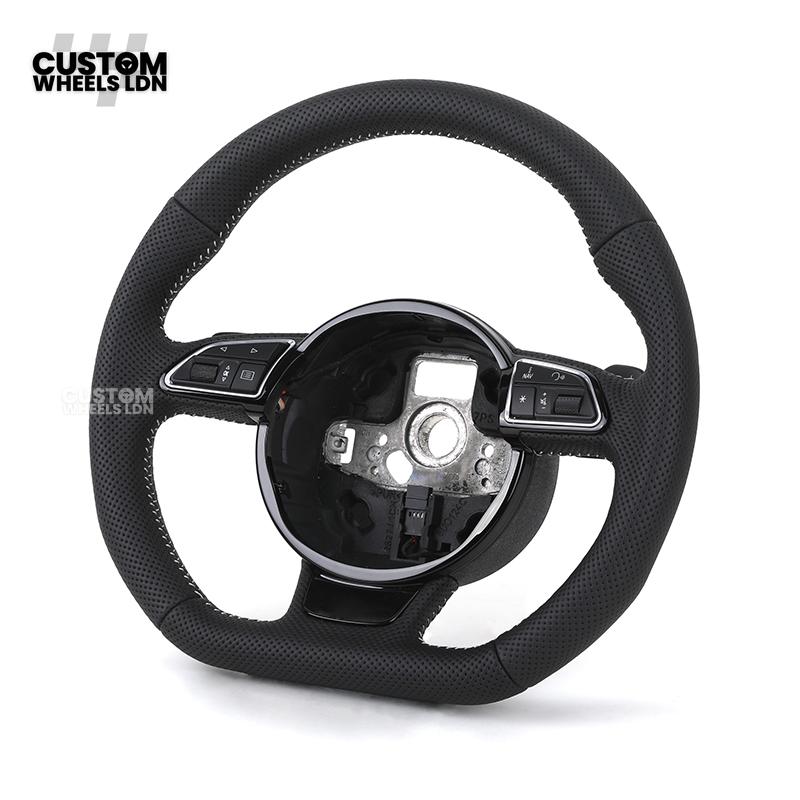 Audi Custom 8V Flat Bottom Steering Wheel – Perforated Leather, Black Stitching, Silver Paddles, RS Badge | Fits A3, S3, RS3 8V, A1, Q2, TT + more | Plug & Play | With Airbag | Upgrade for Older Models Available